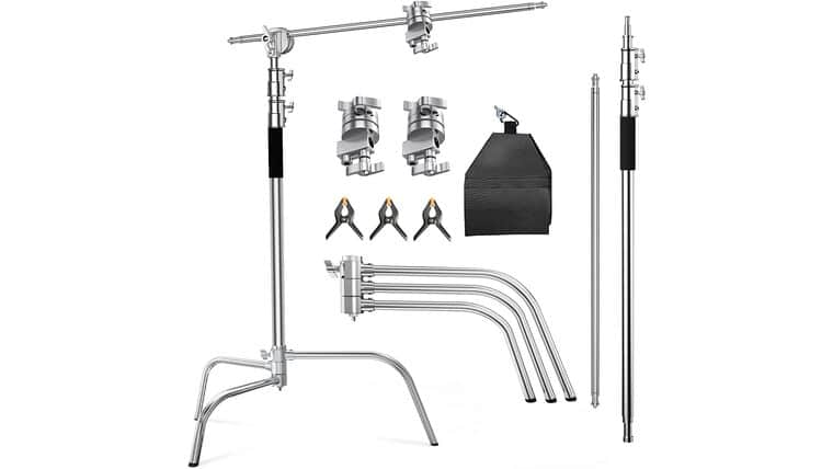C Stand with Boom Arm-Photography Light Stand – Max Height 10.5ft/320cm, with 4.2ft/128cm Holding Arm ,Photography Stainless Steel Heavy Duty Stand Silver | Rental