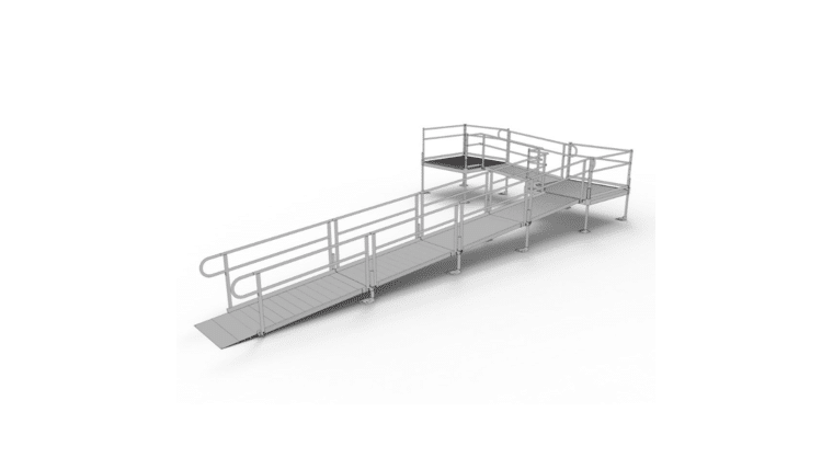 30′ L x 3′ W EZ-ACCESS® PATHWAY L-Shaped Aluminum Wheelchair Ramp Kit With 5′ Platforms | Rental 30′ L x 3′ W EZ-ACCESS® PATHWAY L-Shaped Aluminum Wheelchair Ramp Kit With 5′ Platforms | Rental