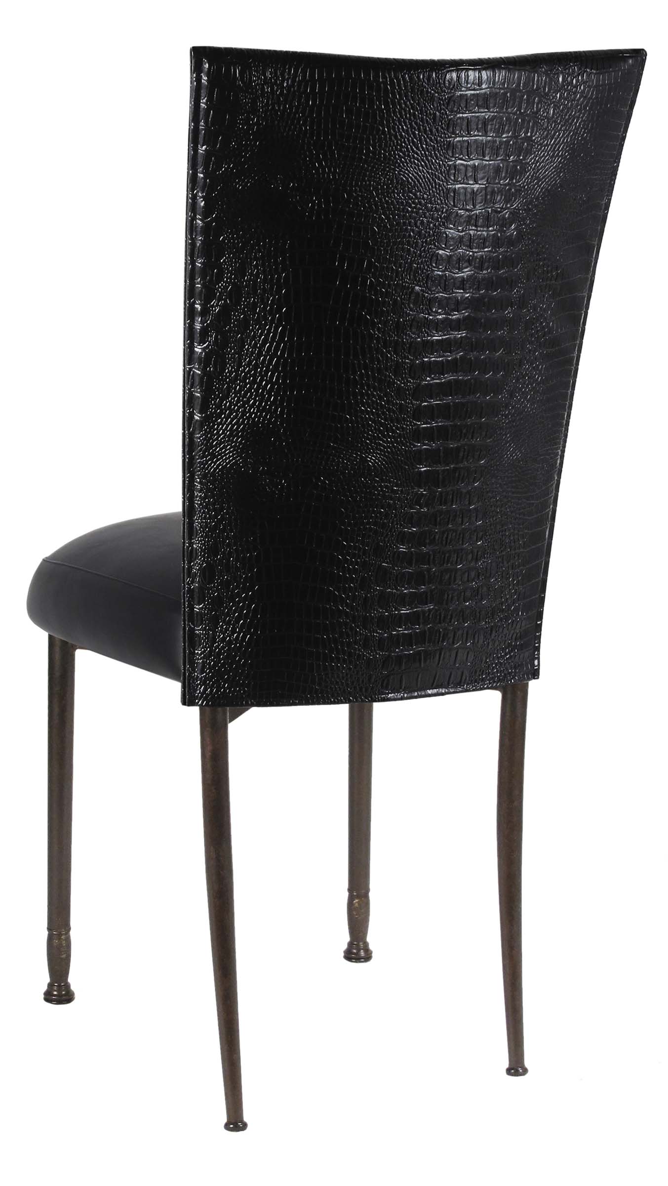 Black Croc Chair Cover with Black Leatherette Boxed Cushion on Brown Legs – Chameleon Chair Collection | Rental