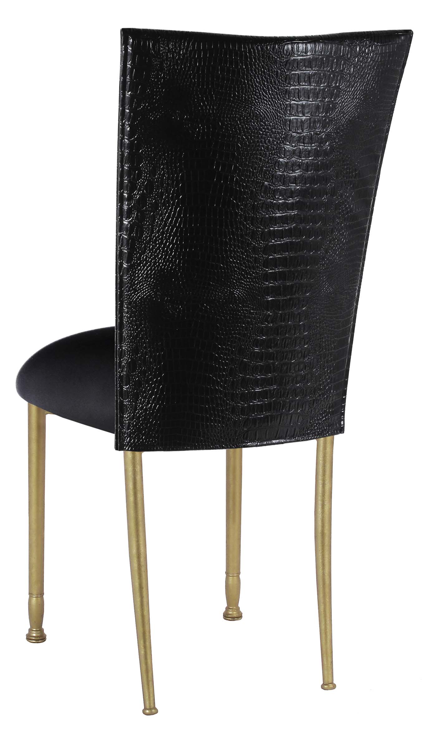 Black Croc Chair Cover with Black Stretch Knit Cushion on Gold Legs – Chameleon Chair Collection | Rental