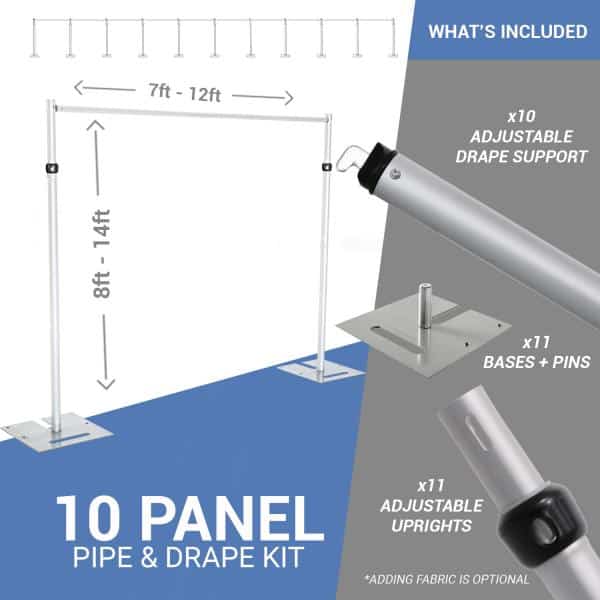 10-Panel Pipe and Drape Kit / Backdrop – 8-14 Feet Tall (Adjustable) | Rental