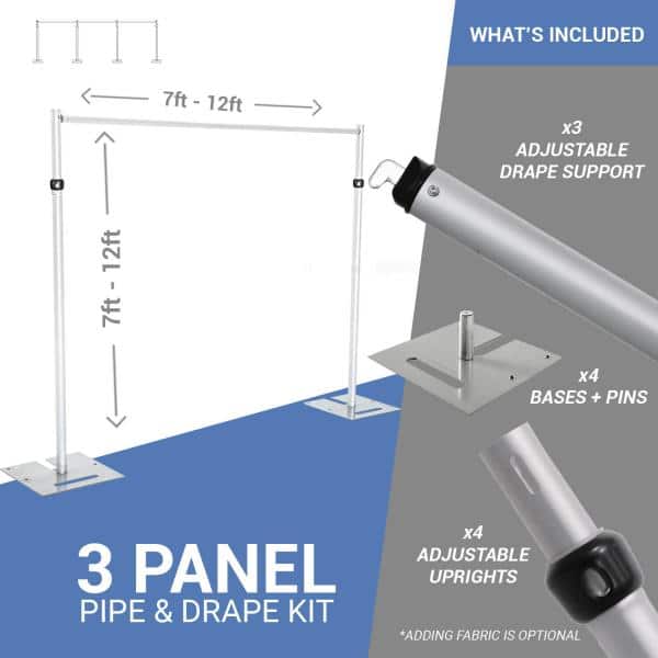 3-Panel Pipe and Drape Kit / Backdrop – 7-12 Feet Tall (Adjustable) | Rental