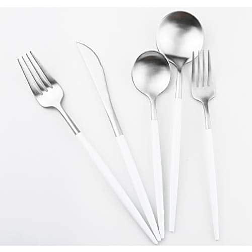 Gugrida Luxury Flatware, Royal 5 Piece Matte White Handle 18/10 Stainless Steel Tableware Sets for 1 Including Forks Spoons Knives, Camping Silverware Travel Utensils Set Cutlery ( | Rental