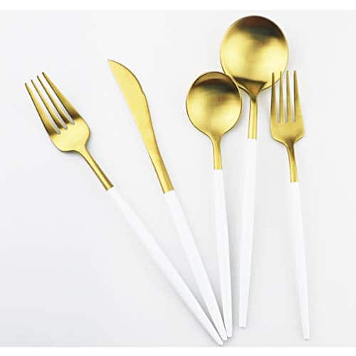 Gugrida White Gold Flatware, Royal 20 Piece Matte White Handle 18/10 Stainless Steel Tableware Sets for 4 Including Forks Spoons Knives, Camping Silverware Travel Utensils Set Cutl | Rental