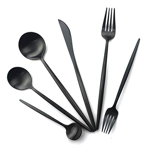 Gugrida 6 Pieces Matte Black Handle 18/10 Stainless Steel Silverware Set, Flatware Set Titanium Black Cutlery Set, Utensils Set for Home Restaurant Service Set for 1, Dishwasher Sa | Rental