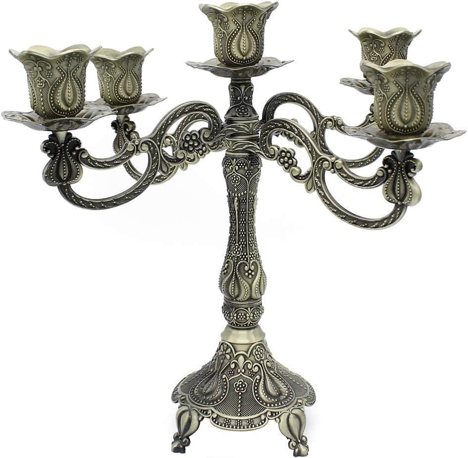 5-Candle Metal Candelabra Centerpiece Candle Stand Home Decoration for Event, Wedding, Party, Tulip Pattern-Bronze | Rental 5-Candle Metal Candelabra Centerpiece Candle Stand Home Decoration for Event, Wedding, Party, Tulip Pattern-Bronze | Rental