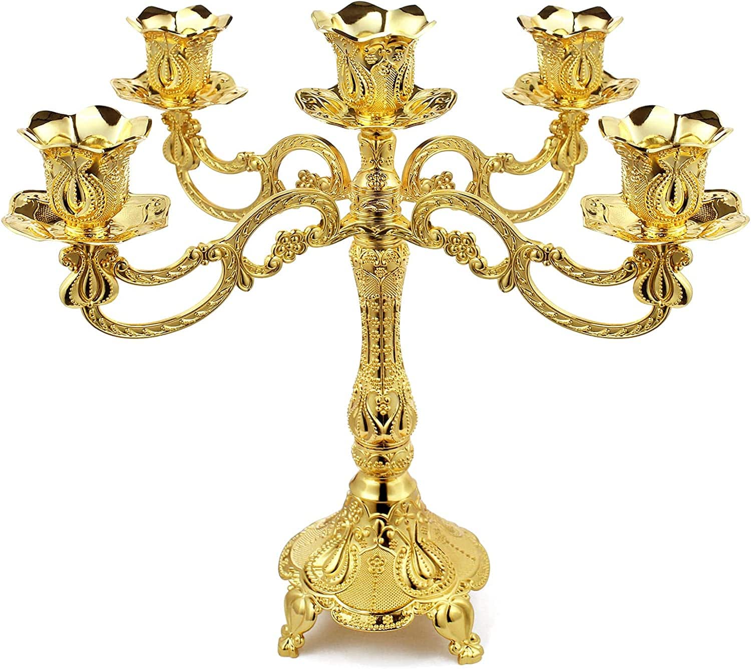 5-Candle Metal Candelabra 10.3 Inch Tall Candlestick Candle Holders for Home Decor Wedding Christmas Church Halloween Party, Gold Tulip | Rental 5-Candle Metal Candelabra 10.3 Inch Tall Candlestick Candle Holders for Home Decor Wedding Christmas Church Halloween Party, Gold Tulip | Rental