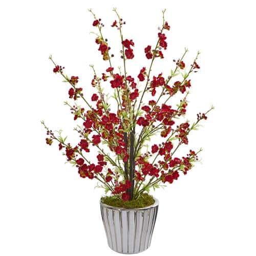 24” Cherry Blossom Artificial Arrangement in White Vase with Silver Trimming | Rental 24” Cherry Blossom Artificial Arrangement in White Vase with Silver Trimming | Rental