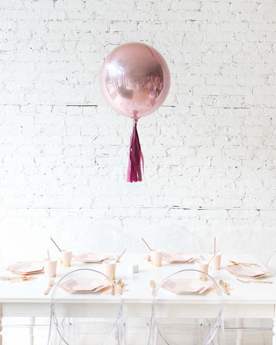 16in Rose Gold Orb Foil Balloon with Burgundy Skirt Centerpiece | Rental