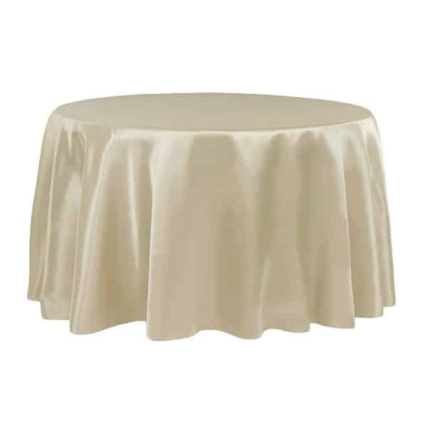 Sleek Satin Tablecloth 120″ Round – Champagne | Rental Sleek Satin Tablecloth 120″ Round – Champagne | Rental