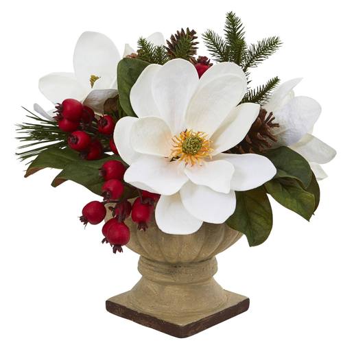 15” Magnolia, Pine and Berries Artificial Arrangement | Rental