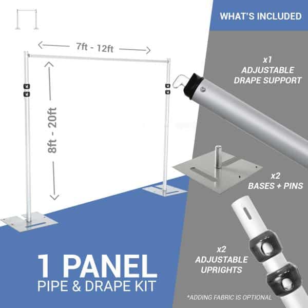 DELUXE-Single Panel Pipe and Drape Kit / Backdrop – 8-20 Feet Tall (Adjustable) Comes W/ 3 Piece Uprights for Maximum Height Adjustment | Rental