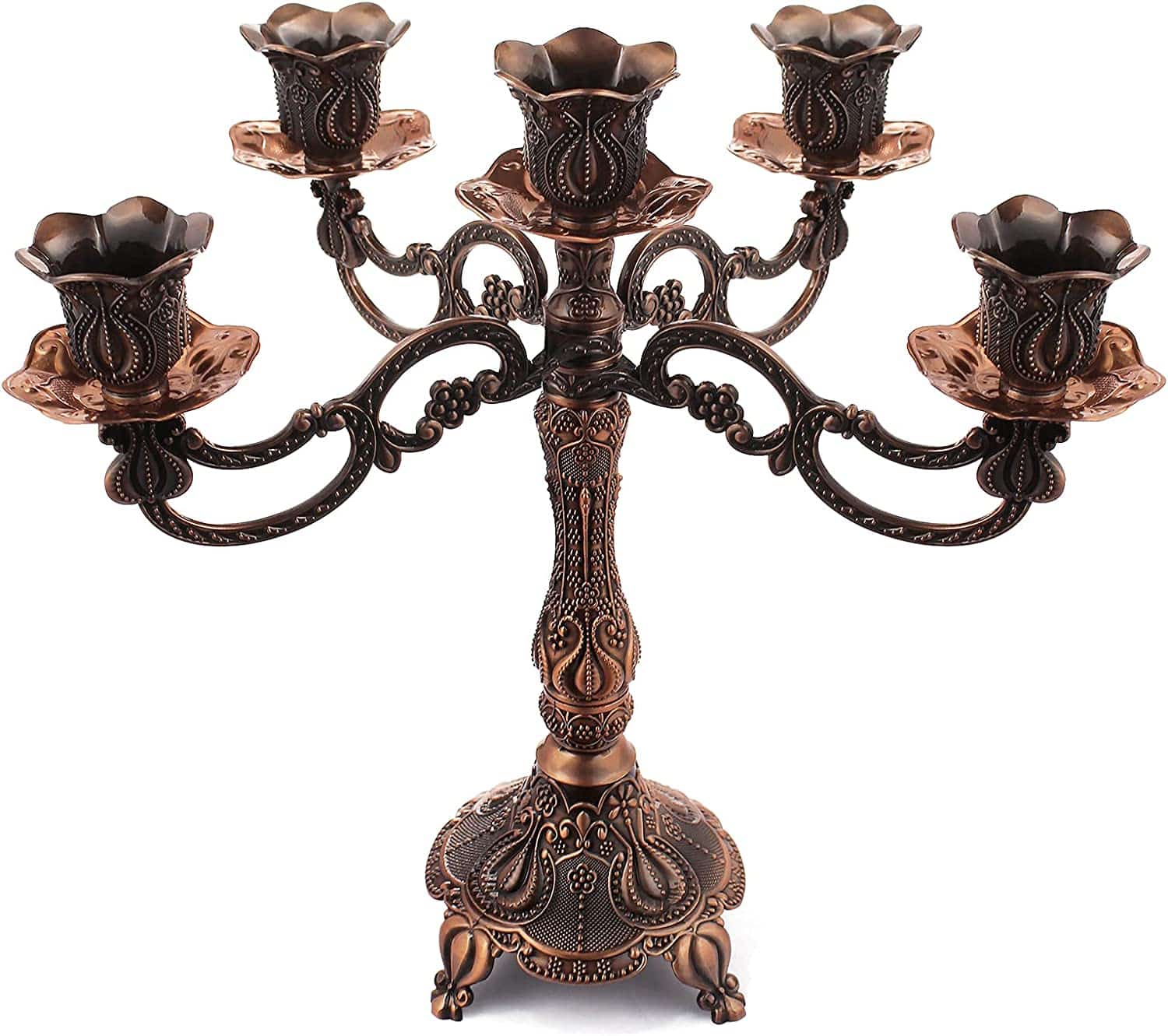5-Candle Metal Candelabra 10.3 Inch Tall Candlestick Candle Holders for Home Decor Wedding Christmas Church Halloween Party, Red Bronze Tulip | Rental 5-Candle Metal Candelabra 10.3 Inch Tall Candlestick Candle Holders for Home Decor Wedding Christmas Church Halloween Party, Red Bronze Tulip | Rental