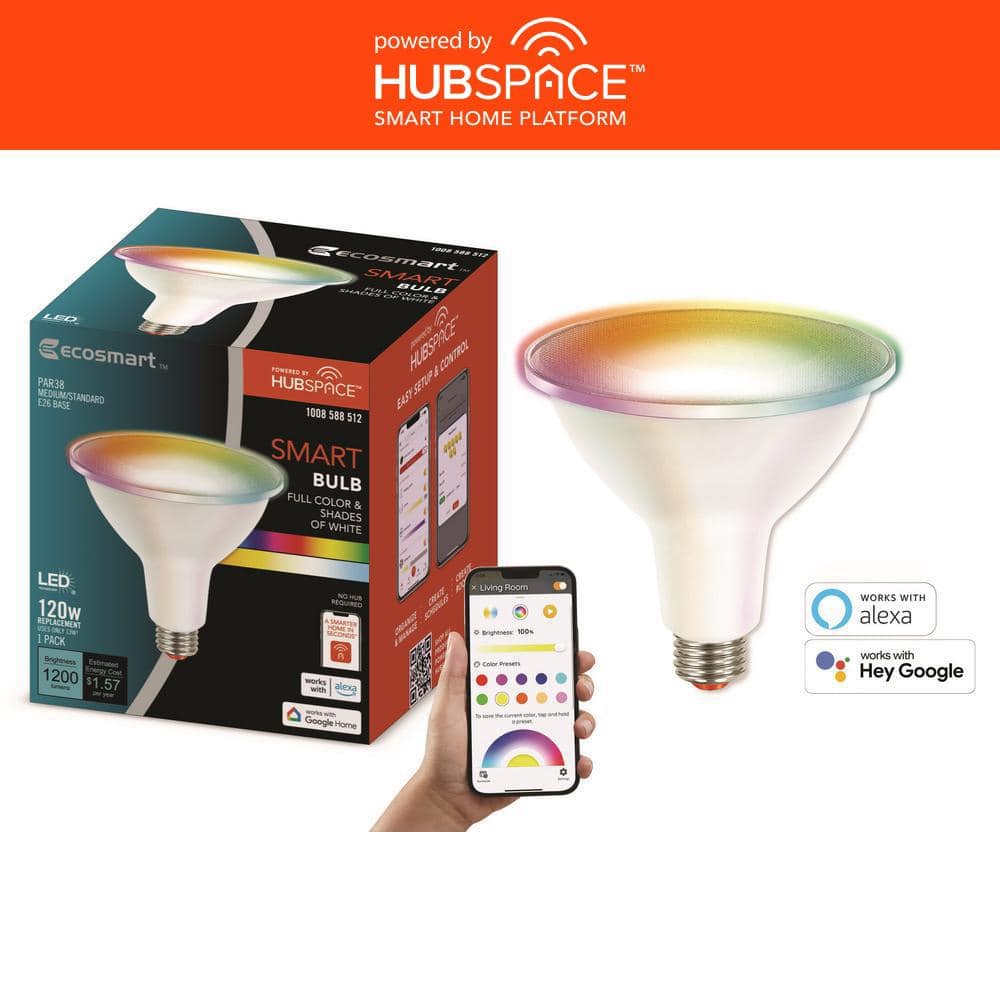 EcoSmart — 120-Watt Equivalent Smart PAR38 Color Changing CEC LED Spot Light Bulb with Voice Control Powered by Hubspace (1-Bulb) | Rental EcoSmart — 120-Watt Equivalent Smart PAR38 Color Changing CEC LED Spot Light Bulb with Voice Control Powered by Hubspace (1-Bulb) | Rental
