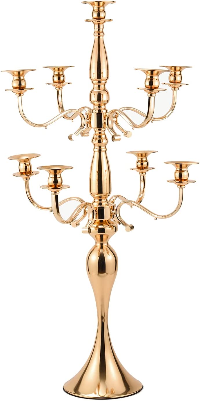 Gold Candelabra Candle Holder for Wedding, 33 Inch Tall 9 Arms Candelabra Centerpiece | Rental Gold Candelabra Candle Holder for Wedding, 33 Inch Tall 9 Arms Candelabra Centerpiece | Rental