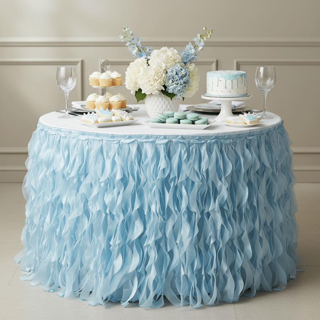 Curly Willow 17ft Table Skirt – Baby Blue | Rental Curly Willow 17ft Table Skirt – Baby Blue | Rental