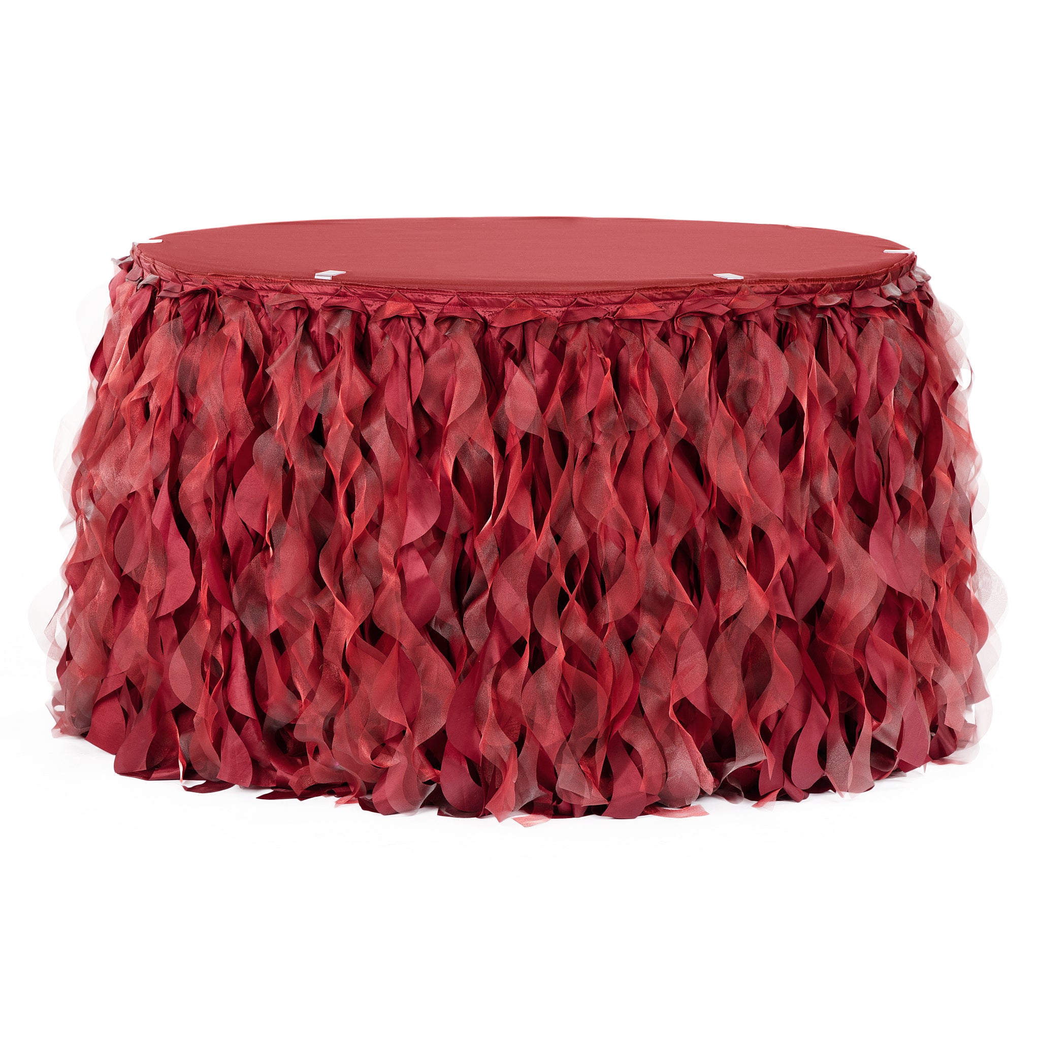 Curly Willow 17ft Table Skirt – Apple Red | Rental Curly Willow 17ft Table Skirt – Apple Red | Rental