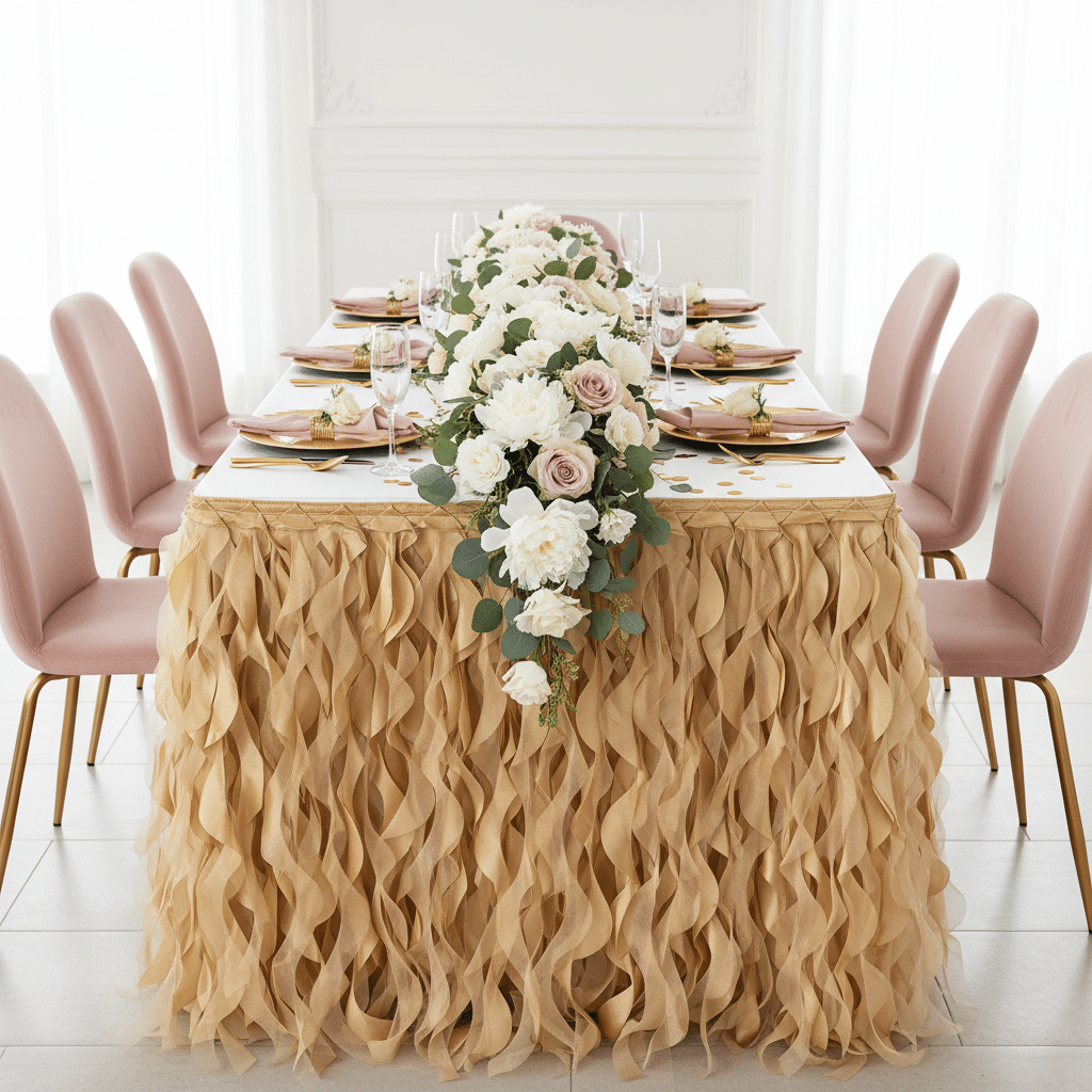 Curly Willow 21ft Table Skirt – Gold | Rental Curly Willow 21ft Table Skirt – Gold | Rental